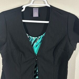 Laura Scott Petite Womens Black Teal Layered Look Textured Top Blouse LP